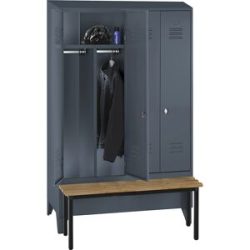 Schwarz-Weiß-Spind Berlin 2 mit Sitzbank, Trennwand mittig, 2 Abteile, blaugrau, B 1200 mm, vorgebaut, Buchenholz, Schrägdach Wolf