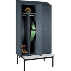 Schwarz-Weiß-Spind Berlin 2 mit Sitzbank, Trennwand mittig, 2 Abteile, blaugrau, B 1200 mm, untergebaut, Kunststoff, Schrägdach Wolf
