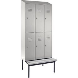 Doppelstock-Spind Berlin 2 Sitzbank, 3 Abteile, lichtgrau, Breite 900 mm, schräge Dachform Wolf