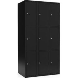 kaiserkraft 3er-Schließfachschrank Fydor, 3 Abteile, schwarz, B 900 mm, flache Dachform, Zylinderschloss
