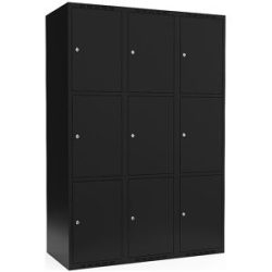 kaiserkraft 3er-Schließfachschrank Fydor, 3 Abteile, schwarz, B 1200 mm, flache Dachform, Zylinderschloss