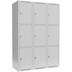kaiserkraft 3er-Schließfachschrank Fydor, 3 Abteile, lichtgrau, B 1200 mm, flache Dachform, Vorhängeschloss