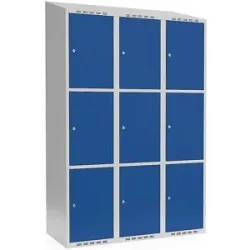 kaiserkraft 3er-Schließfachschrank Fydor, 3 Abteile, lichtgrau / enzianblau, B 1200 mm, schräge Dachform, Zylinderschloss