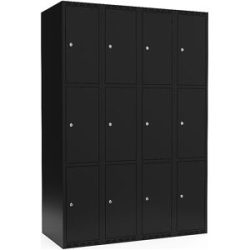 kaiserkraft 3er-Schließfachschrank Fydor, 4 Abteile, schwarz, B 1200 mm, flache Dachform, Zylinderschloss