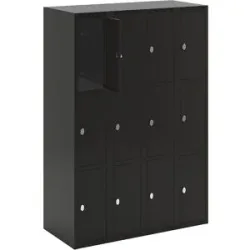 kaiserkraft 3er-Schließfachschrank Fydor, 4 Abteile, schwarz, B 1200 mm, flache Dachform, Vorhängeschloss