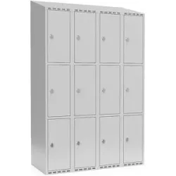 kaiserkraft 3er-Schließfachschrank Fydor, 4 Abteile, lichtgrau, B 1200 mm, schräge Dachform, Vorhängeschloss