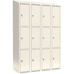 kaiserkraft 3er-Schließfachschrank Fydor, 4 Abteile, weiß, B 1200 mm, schräge Dachform, Vorhängeschloss