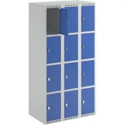 kaiserkraft 4er-Schließfachschrank Fydor, 3 Abteile, lichtgrau / enzianblau, B 900 mm, flache Dachform, Vorhängeschloss