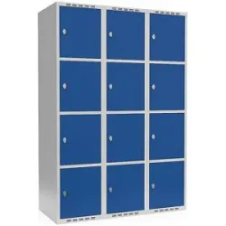 kaiserkraft 4er-Schließfachschrank Fydor, 3 Abteile, lichtgrau / enzianblau, B 1200 mm, flache Dachform, Vorhängeschloss