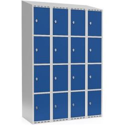 kaiserkraft 4er-Schließfachschrank Fydor, 4 Abteile, lichtgrau / enzianblau, B 1200 mm, schräge Dachform, Vorhängeschloss