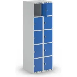 kaiserkraft 5er-Schließfachschrank Fydor, 2 Abteile, lichtgrau / enzianblau, B 600 mm, flache Dachform, Vorhängeschloss