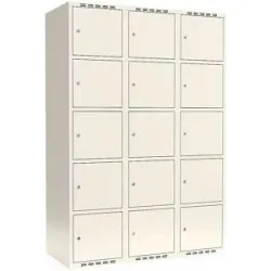 kaiserkraft 5er-Schließfachschrank Fydor, 3 Abteile, weiß, B 1200 mm, flache Dachform, Zylinderschloss