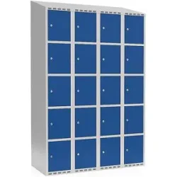 kaiserkraft 5er-Schließfachschrank Fydor, 4 Abteile, lichtgrau / enzianblau, B 1200 mm, schräge Dachform, Zylinderschloss