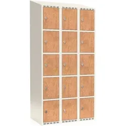 kaiserkraft 5er-Schließfachschrank Fydor, HPL, 3 Abteile, weiß/Eiche, B 900 mm, schräge Dachform, Vorhängeschloss