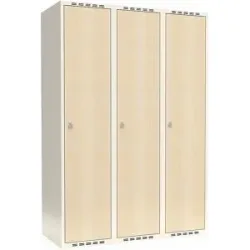 kaiserkraft Spind Fydor, HPL, 3 Abteile, weiß/Birke, B 1200 mm, flache Dachform, Vorhängeschloss