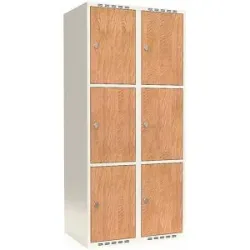 kaiserkraft 3er-Schließfachschrank Fydor, HPL, 2 Abteile, weiß/Eiche, B 800 mm, flache Dachform, Vorhängeschloss