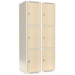 kaiserkraft 3er-Schließfachschrank Fydor, HPL, 2 Abteile, weiß/Birke, B 800 mm, flache Dachform, Vorhängeschloss