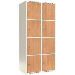 kaiserkraft 4er-Schließfachschrank Fydor, HPL, 2 Abteile, weiß/Eiche, B 800 mm, flache Dachform, Vorhängeschloss