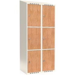 kaiserkraft 3er-Schließfachschrank Fydor, HPL, 2 Abteile, weiß/Eiche, B 800 mm, schräge Dachform, Vorhängeschloss