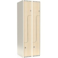 kaiserkraft Z-Spind Fydor, HPL, 2 Abteile, weiß/Birke, B 600 mm, flache Dachform, Vorhängeschloss