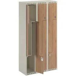 kaiserkraft Z-Spind Fydor, HPL, 3 Abteile, weiß/Eiche, B 900 mm, flache Dachform, Vorhängeschloss