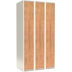 kaiserkraft Z-Spind Fydor, HPL, 3 Abteile, weiß/Eiche, B 900 mm, flache Dachform, Vorhängeschloss