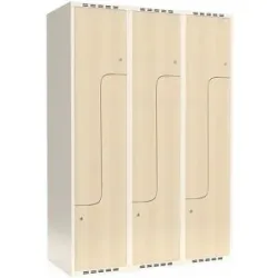 kaiserkraft Z-Spind Fydor, HPL, 3 Abteile, weiß/Birke, B 1200 mm, flache Dachform, Zylinderschloss