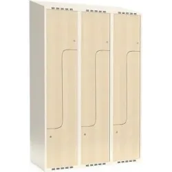 kaiserkraft Z-Spind Fydor, HPL, 3 Abteile, weiß/Birke, B 1200 mm, schräge Dachform, Zylinderschloss