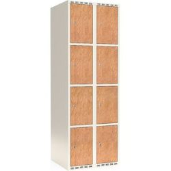 kaiserkraft 4er-Schließfachschrank Fydor, HPL, 2 Abteile, weiß/Eiche, B 600 mm, flache Dachform, Zylinderschloss