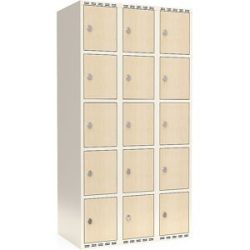 kaiserkraft 5er-Schließfachschrank Fydor, HPL, 3 Abteile, weiß/Birke, B 900 mm, flache Dachform, Vorhängeschloss