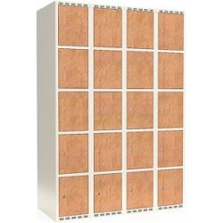 kaiserkraft 5er-Schließfachschrank Fydor, HPL, 4 Abteile, weiß/Eiche, B 1200 mm, flache Dachform, Zylinderschloss