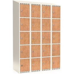 kaiserkraft 5er-Schließfachschrank Fydor, HPL, 4 Abteile, weiß/Eiche, B 1200 mm, schräge Dachform, Vorhängeschloss