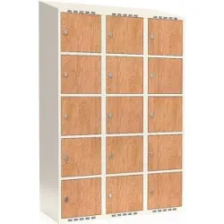 kaiserkraft 5er-Schließfachschrank Fydor, HPL, 3 Abteile, weiß/Eiche, B 1200 mm, schräge Dachform, Vorhängeschloss