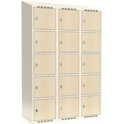 kaiserkraft 5er-Schließfachschrank Fydor, HPL, 3 Abteile, weiß/Birke, B 1200 mm, schräge Dachform, Vorhängeschloss