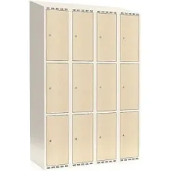 kaiserkraft 3er-Schließfachschrank Fydor, HPL, 4 Abteile, weiß/Birke, B 1200 mm, schräge Dachform, Zylinderschloss