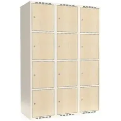 kaiserkraft 4er-Schließfachschrank Fydor, HPL, 3 Abteile, weiß/Birke, B 1200 mm, flache Dachform, Zylinderschloss
