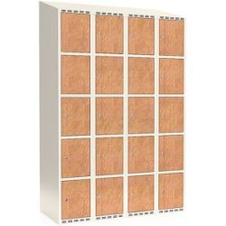 kaiserkraft 5er-Schließfachschrank Fydor, HPL, 4 Abteile, weiß/Eiche, B 1200 mm, schräge Dachform, Zylinderschloss