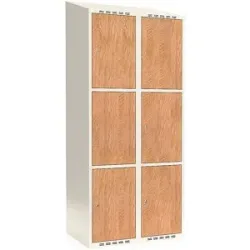 kaiserkraft 3er-Schließfachschrank Fydor, HPL, 2 Abteile, weiß/Eiche, B 800 mm, schräge Dachform, Zylinderschloss