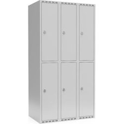 kaiserkraft Doppelstock-Spind Fydor, 3 Abteile, lichtgrau, B 900 mm, flache Dachform, Vorhängeschloss