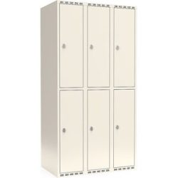 kaiserkraft Doppelstock-Spind Fydor, 3 Abteile, weiß, B 900 mm, flache Dachform, Vorhängeschloss