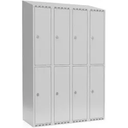 kaiserkraft Doppelstock-Spind Fydor, 4 Abteile, lichtgrau, B 1200 mm, schräge Dachform, Vorhängeschloss