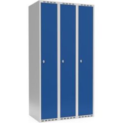 kaiserkraft Spind Fydor, 3 Abteile, lichtgrau / enzianblau, B 900 mm, flache Dachform, Vorhängeschloss