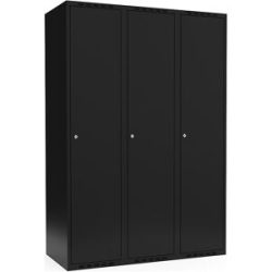 kaiserkraft Spind Fydor, 3 Abteile, schwarz, B 1200 mm, flache Dachform, Zylinderschloss