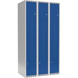kaiserkraft Z-Spind Fydor, 3 Abteile, lichtgrau / enzianblau, B 900 mm, flache Dachform, Zylinderschloss