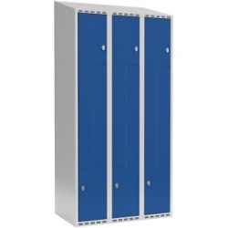 kaiserkraft Z-Spind Fydor, 3 Abteile, lichtgrau / enzianblau, B 900 mm, schräge Dachform, Vorhängeschloss