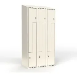 kaiserkraft Z-Spind Fydor, 3 Abteile, weiß, B 900 mm, schräge Dachform, Vorhängeschloss