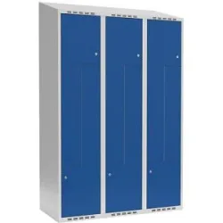 kaiserkraft Z-Spind Fydor, 3 Abteile, lichtgrau / enzianblau, B 1200 mm, schräge Dachform, Zylinderschloss