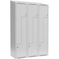 kaiserkraft Z-Spind Fydor, 3 Abteile, lichtgrau, B 1200 mm, schräge Dachform, Vorhängeschloss