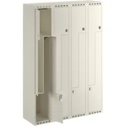 kaiserkraft Z-Spind Fydor, 4 Abteile, weiß, B 1200 mm, flache Dachform, Vorhängeschloss