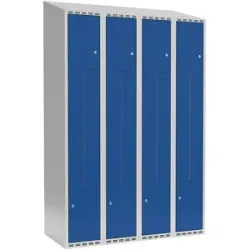 kaiserkraft Z-Spind Fydor, 4 Abteile, lichtgrau / enzianblau, B 1200 mm, schräge Dachform, Zylinderschloss